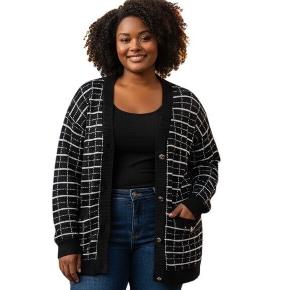 Eloquii Plus Size 18/20 Black White Grid Button Front Cardigan Sweater Pockets